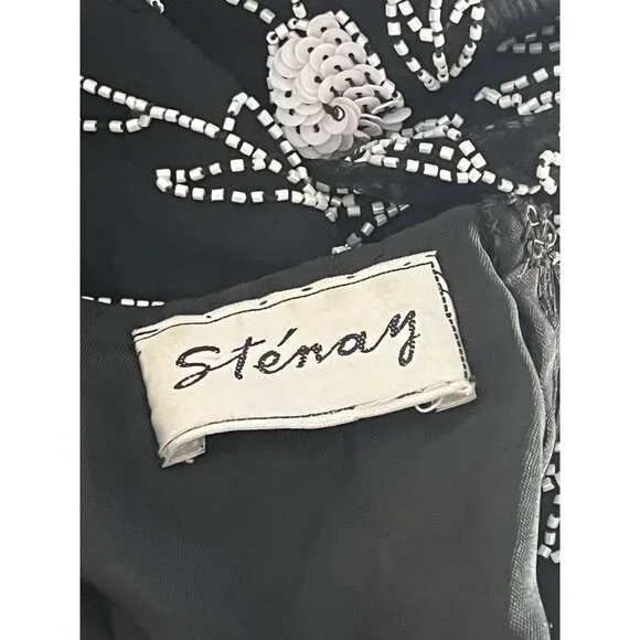 Vtg Stenay silk beaded blk white top evening long sleeves scalloped hem size M/L - Picture 7 of 8